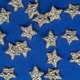 Description: multiple Gold Stars with texture surface on blue background.
Material: Polyester
Type: Shank
Size: 5/8in (15mm)