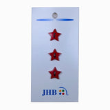 Description: Classic Star shaped button set of three
Colors:  Red
Material: Polyester
Type: 2 hole
Size: 1/2in (13mm)