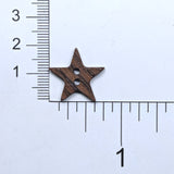 Description: Brown multi-tone wood-grain star button on ruler background
Material: wood
Type: 2-hole
Size: 3/4 inch (19 mm)
