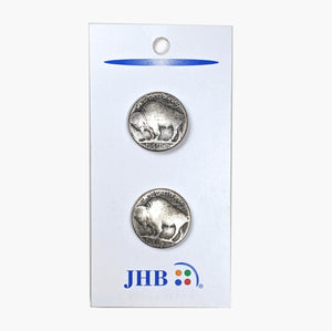 Two silver circle button set with image of a buffalo.